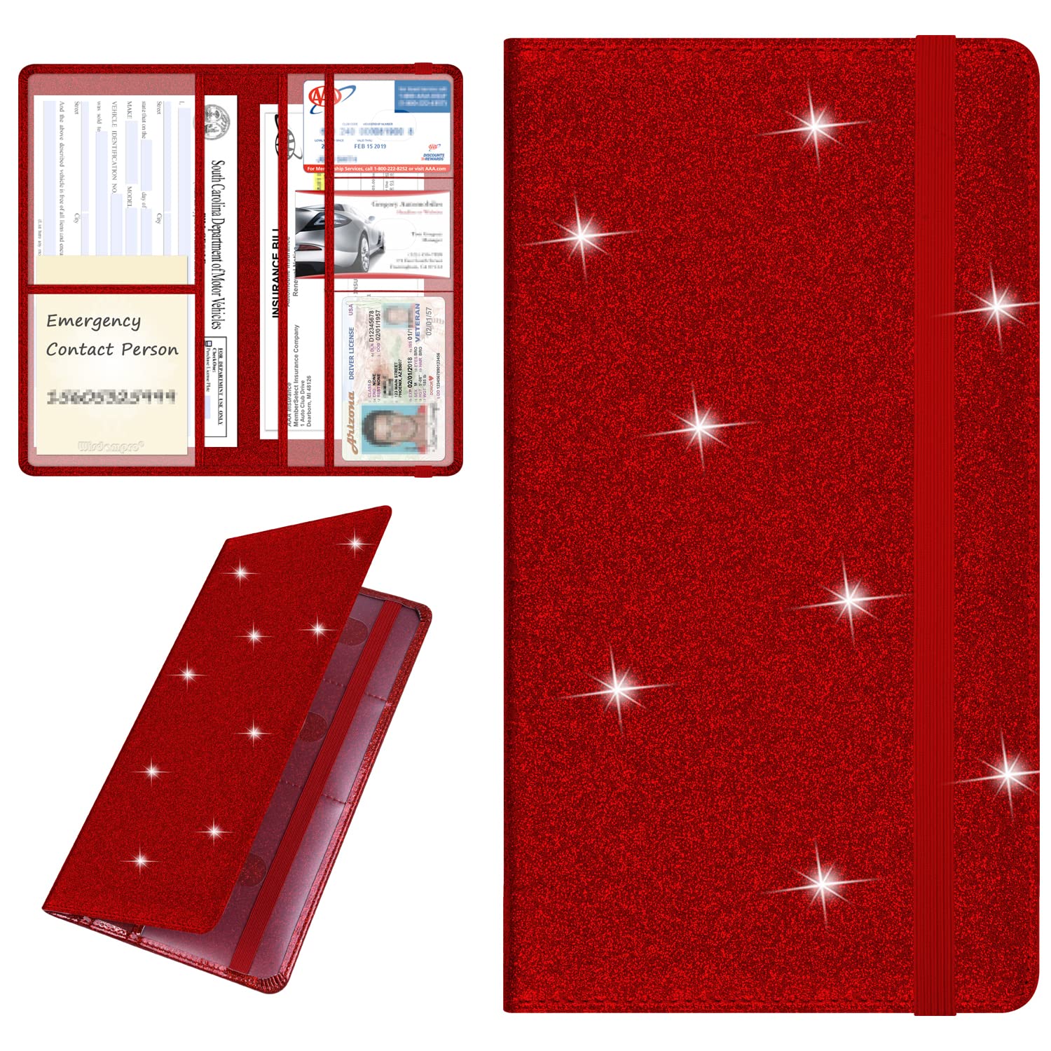 wisdompro Car Document Wallet, PU Leather Car Registration and Insurance Holder - Vehicle Paperwork Wallet Case Organizer for ID Card, Driving Licence, Key Contact Information Cards - Bling Red