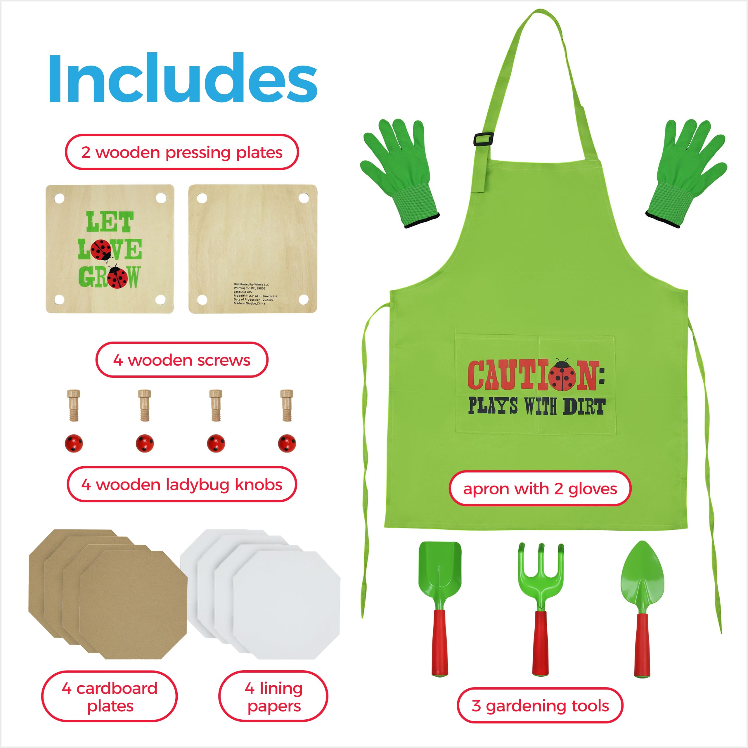 Gardening Pretend Play Set & Flower Press Kit - Kids Gardening Set with Apron, Pair of Gloves, 3 Garden Tools, Wooden Flower & Leaf Press - Safe Outdoor Tools for Kids & Teens