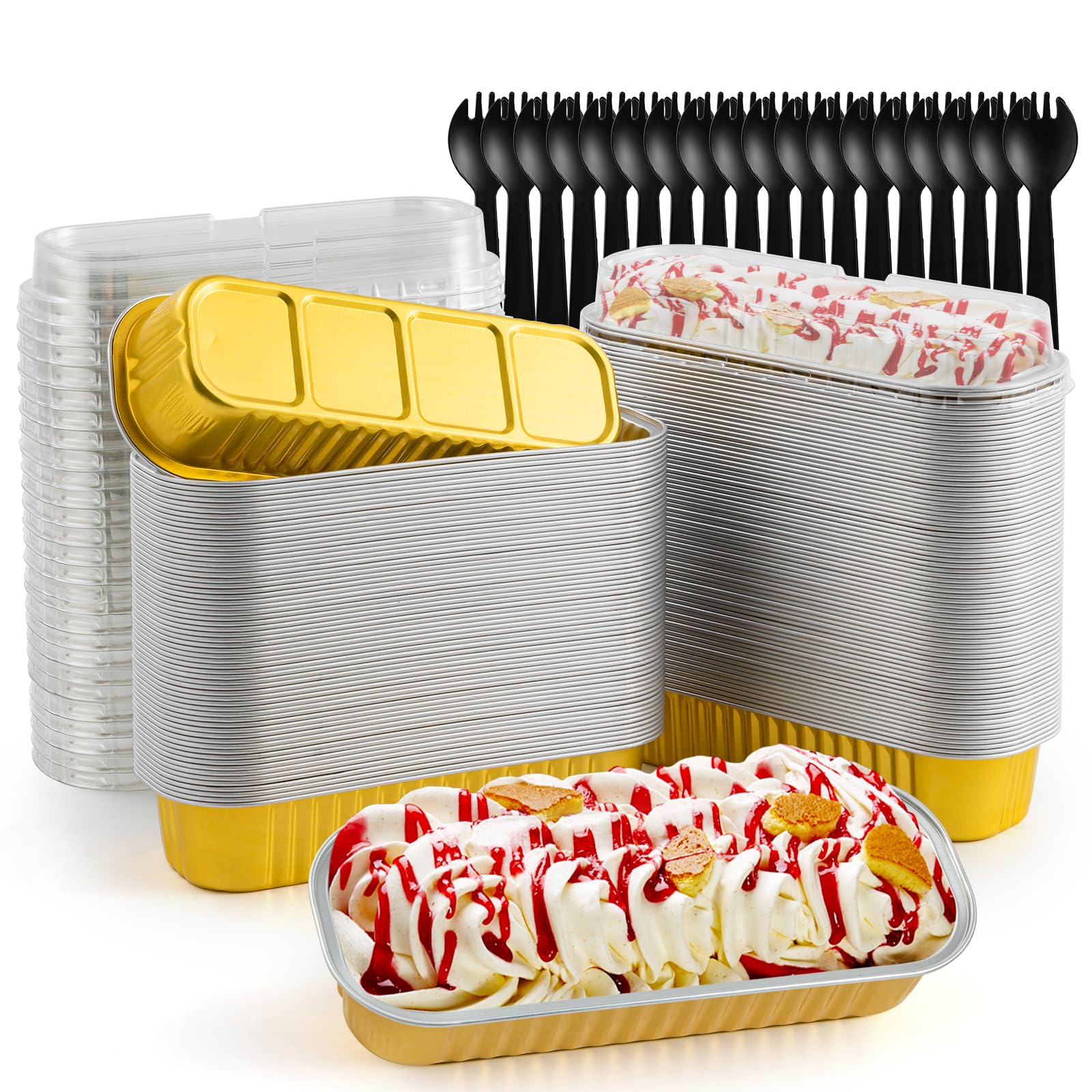 Photo 1 of FFNIU 120Pcs Mini Loaf Pans with Lids and Spoons, Aluminum Foil Baking Pans, Rectangle Mini Cake Pans, Brownie Baking Cups for Picnics Party (Gold)