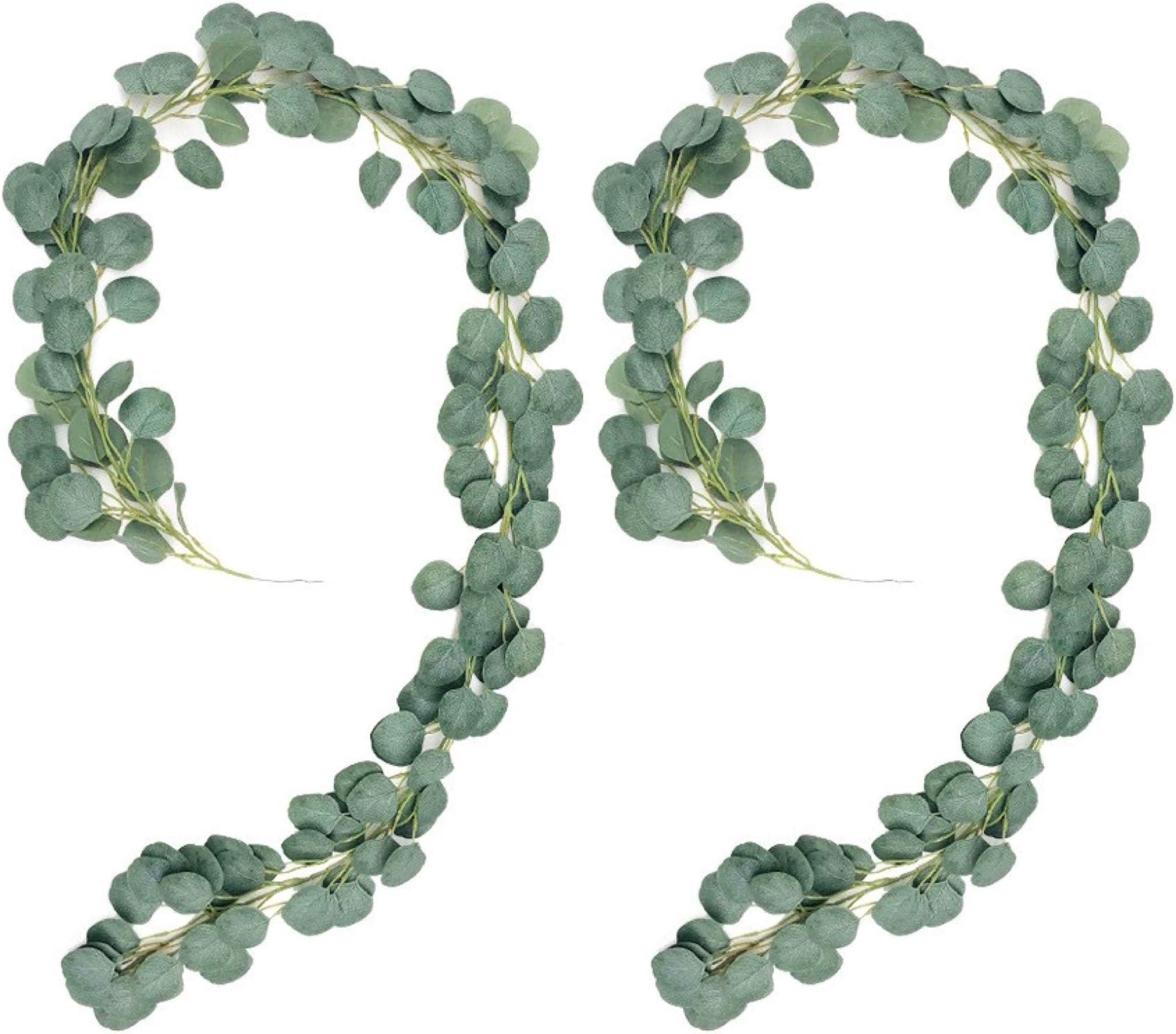Meiliy 2pcs Artificial Greenery Eucalyptus Garland Faux Eucalyptus Silver Dollar Leaves Vines for Home Table Runner Wedding Decor