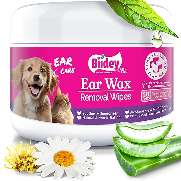 BIIDEY CAT DOG EAR & FACE CLEANER WIPES, GENTLY REMOVE EAR WAX & DEBRIS, RELIEVE EAR ITCHING & INFLAMMATION – SOOTHING CLEANSING DEODORIZING EAR CARE WIPES FOR CAT AND DOG
