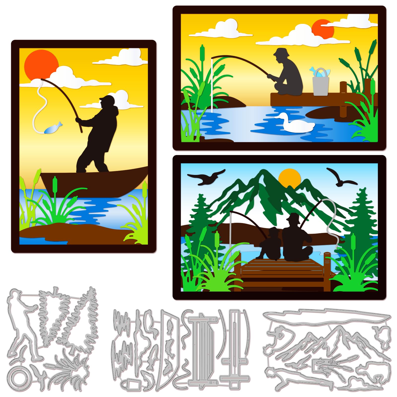 GLOBLELAND Fishing Cutting Dies for DIY Scrapbooking Metal Fishing Scenery Die Cuts Embossing Stencils Template for Paper Card Making Decoration Album Craft Decor