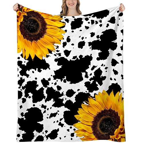 UHANKRU Sunflower Gifts for Women, Cow Sunflower Blanket, Birthday Gifts for Women Mom Daughter Sister Sunflowers Gift Ideas, Cow Print Stuff, Sunflowers Throw Blanket, 60"x50"