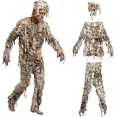 Wildarms Mens Mummy Costume with Headpiece - Halloween Bandage Wrap Outfit | 3-piece adult mummy costume set includes a tattered bandage wrap top, matching pants, and a draped fringe headpiece