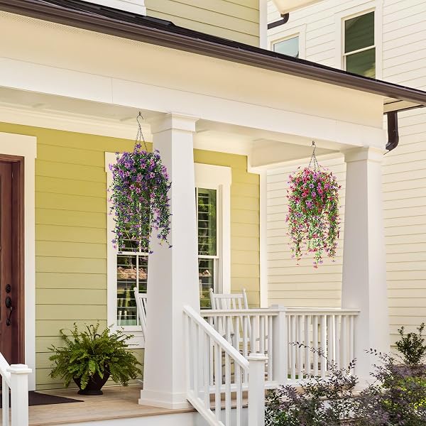 ARTIFICIAL HANGING FLOWERS FOR OUTDOORS, 2 PCS FAKE HANGING PLANT SPRING SUMMER DECOR, UV RESISTANT NO FADE REALISTIC FAUX FLOWER FOR FRONT DOOR PORCH PLANTER PATIO GARDEN YARD(DOUBLE PURPLE)