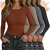 Yearntown 4 Pack Women's Ribbed Long Sleeve Shirts, Cotton Crew Neck Thermal Tops Slim Fit Undershirts Layering Tee Shirts