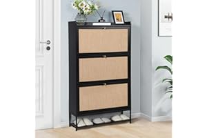 LEVNARY Shoe Storage Cabinet with 3 Flip Drawers, Freestanding Shoe Cabinet Storage Organizer for Entryway, Wooden Narrow Shoe Racks Cabinet with Metal Legs for Hallway (Black)