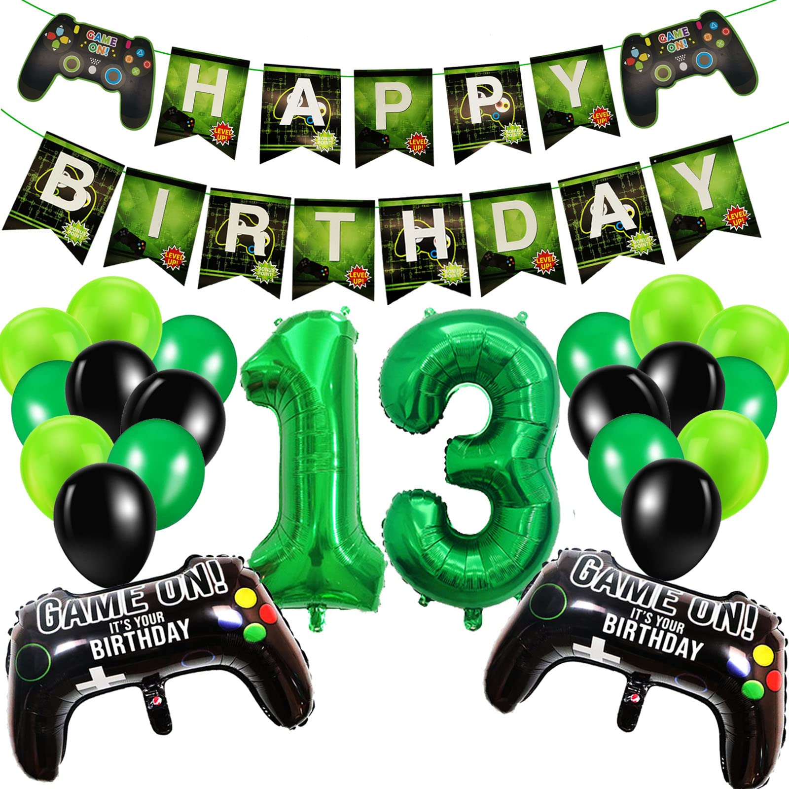 13th Birthday Decorations for Boys, Gaming Party Decorations Set for Gamers, Happy Birthday Banner Game Controller Balloons Black Green Balloons for Kids Teenagers Party Supplies