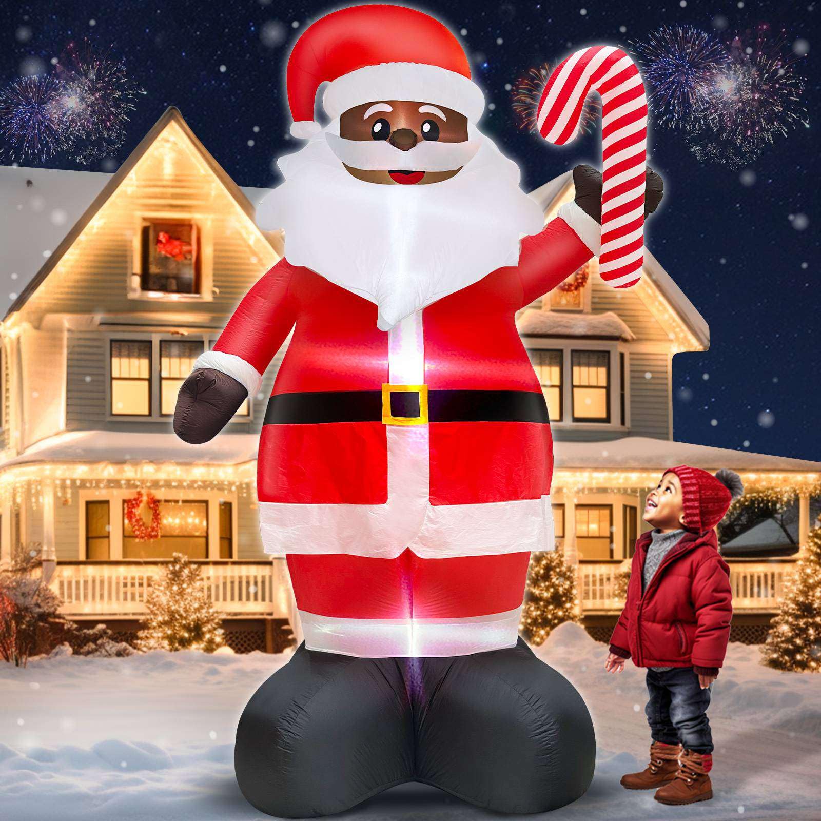 Photo 1 of 8 Ft Giant Christmas Inflatable Black Santa Claus Decorations Outdoor, Christmas Blow Up Yard Decor with Black Santa Claus Holds Candy Cane Build-in LED Lights for Xmas Holiday Outdoor Decor