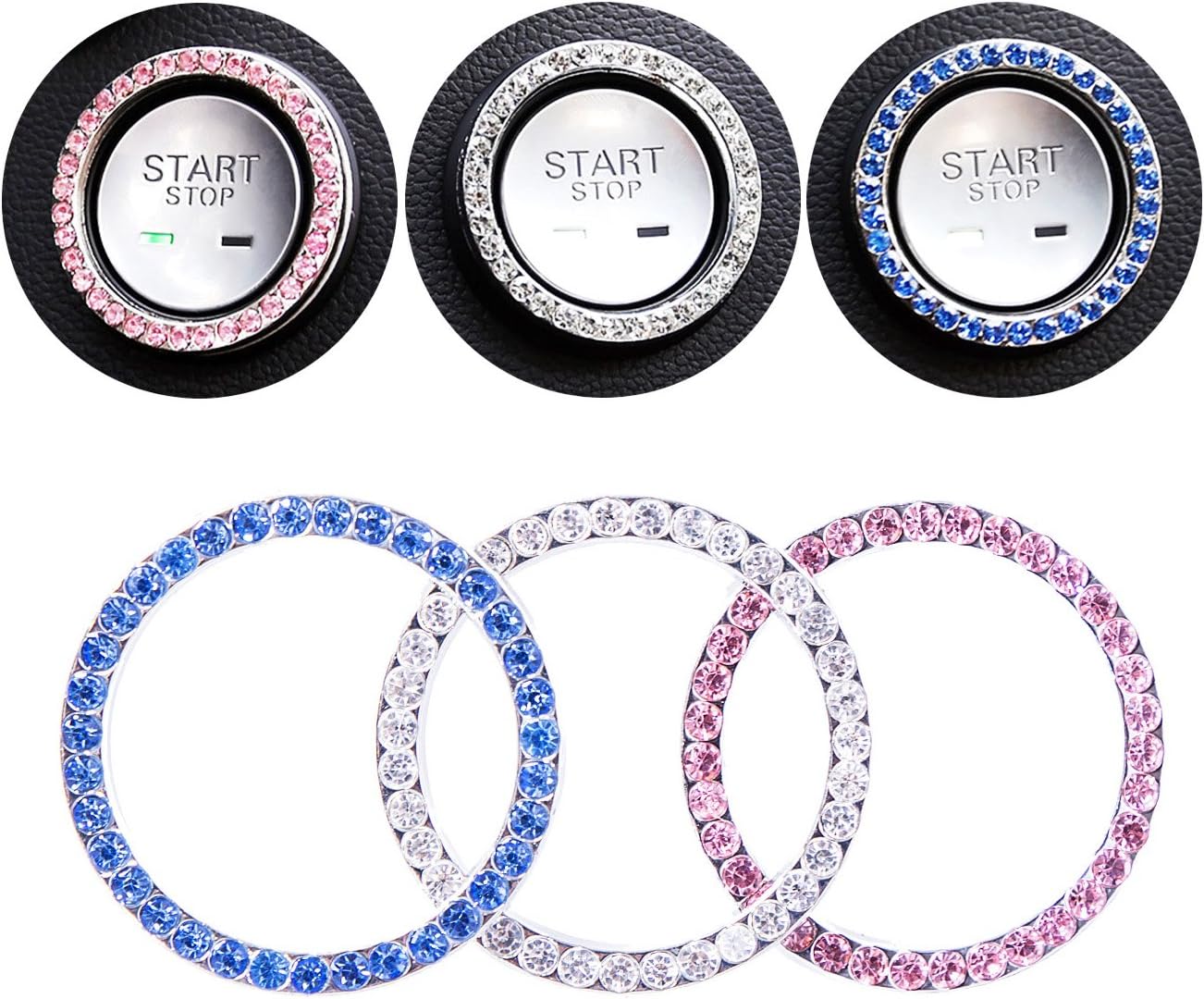Yacoto 3 Pack Car Bling Ring Interior Crystal Rhinestone Bling Car Accessories Decor for Auto Start Engine Ignition Button Key & Knobs, Bling for Car Interior, Unique Gift for Women