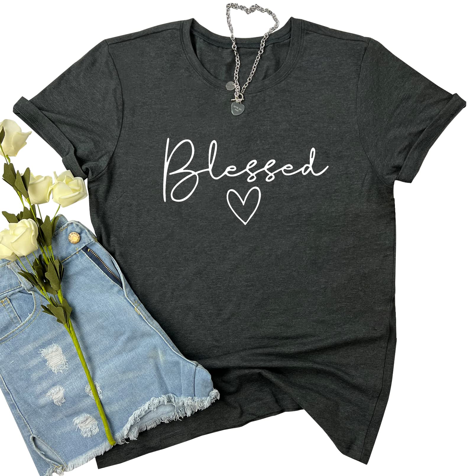 Photo 1 of ** USEDE** BLACKMYTH Women Cute Graphic Tees Cotton Bleesed Heart T-Shirts Dark Grey Medium