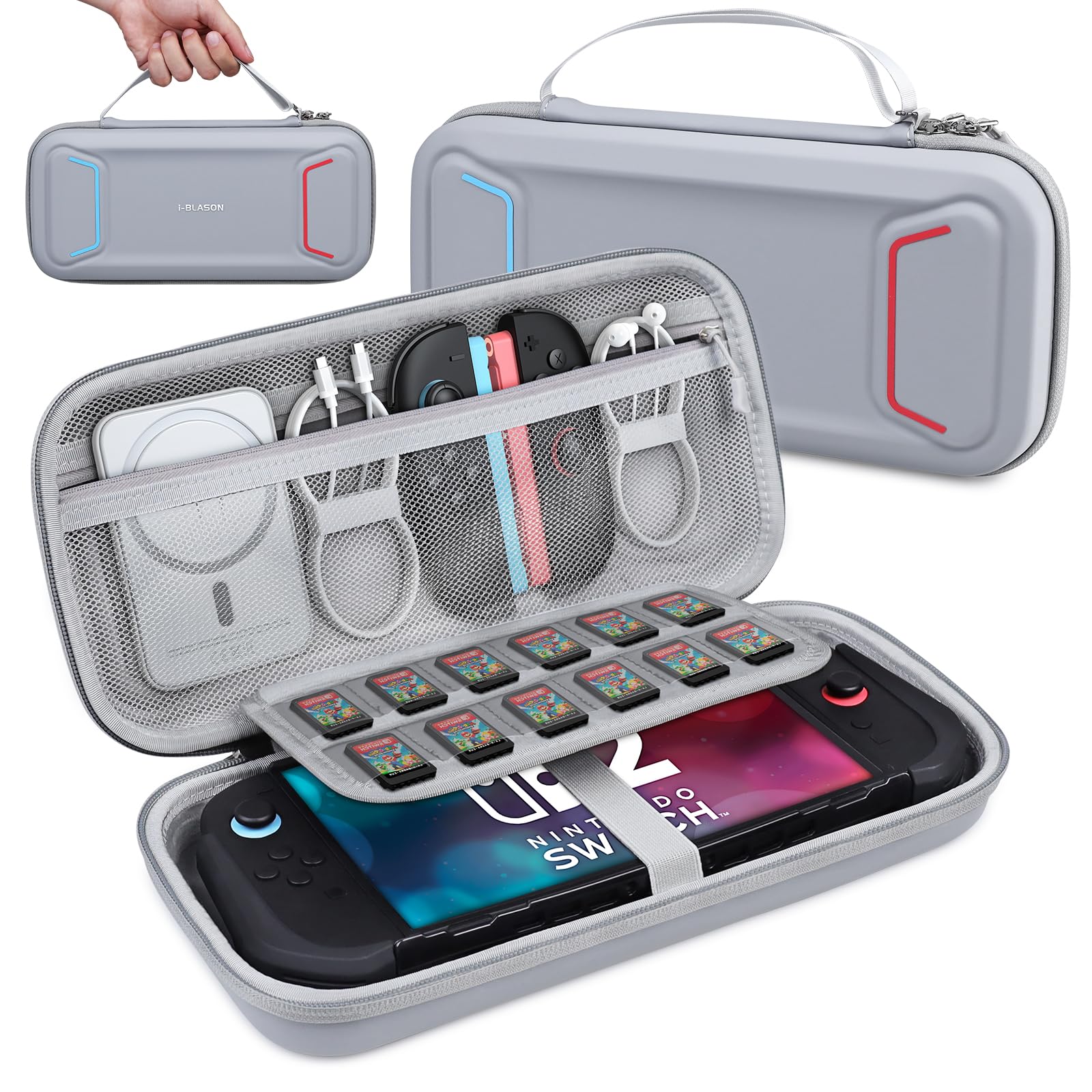 i-Blason Carrying Case for Nintendo Switch 2/Switch 1/OLED, Waterproof Hard Shell Travel Nintendo Switch Case with Large Capacity, 12 Game Card Slots, Fits Switch Games Console & Accessories (Gray)