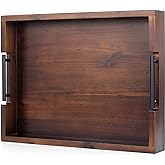 Ottoman Tray, Acacia Wood Serving Tray with Metal Handles, 16.5x12.5in Food Drinks Tray for Coffee Table, Breakfast, Dinner & Bar, Rustic Decorative Storage Tray for Ottoman, Kitchen, Packaging