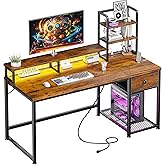 EnHomee 44 Inch Computer Desk with Hutch and Drawers,Reversible Home Office Desk with Monitor Shelf,Small Gaming Desks with USB Power Outlets,Writing Table for Office with LED Lights,Rustic Brown