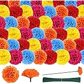 Bigmeta 50 Pcs Day of The Dead Marigold Flowers Heads - Dia De Los Muertos Decorations, Artificial Silk DIY Marigold with Stems for Altar Diwali Mexican Party Halloween Home Decor (Multi-Color)