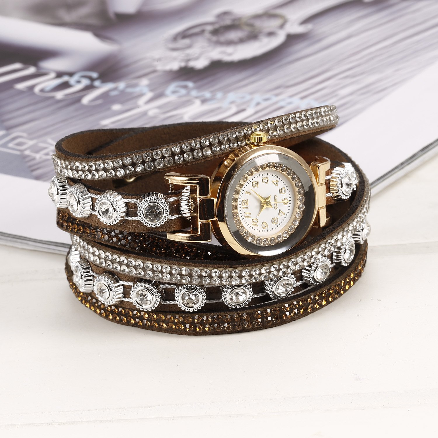 Zouvo Women Fashion Casual Decor Round Rhinestone Bracelet Watch (Coffee)