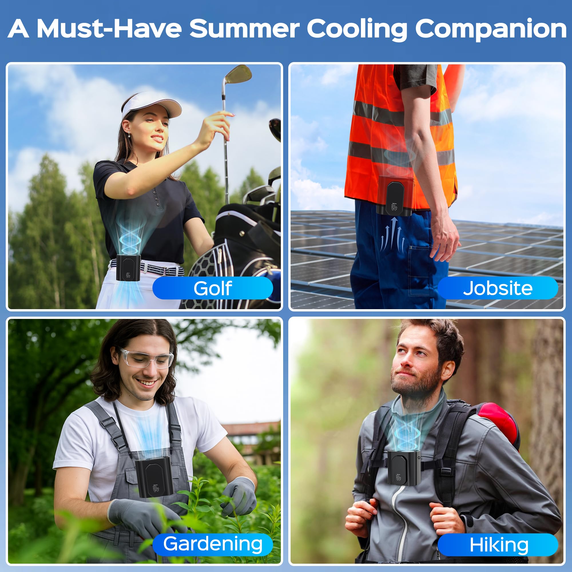 10000PRM Portable Waist Clip Fan Rechargeable Working Up to 20Hrs 3 Speeds Strong Turbo Airflow Personal Belt Neck Fan Clip on Waist for Golf Camping Outdoor Jobsite