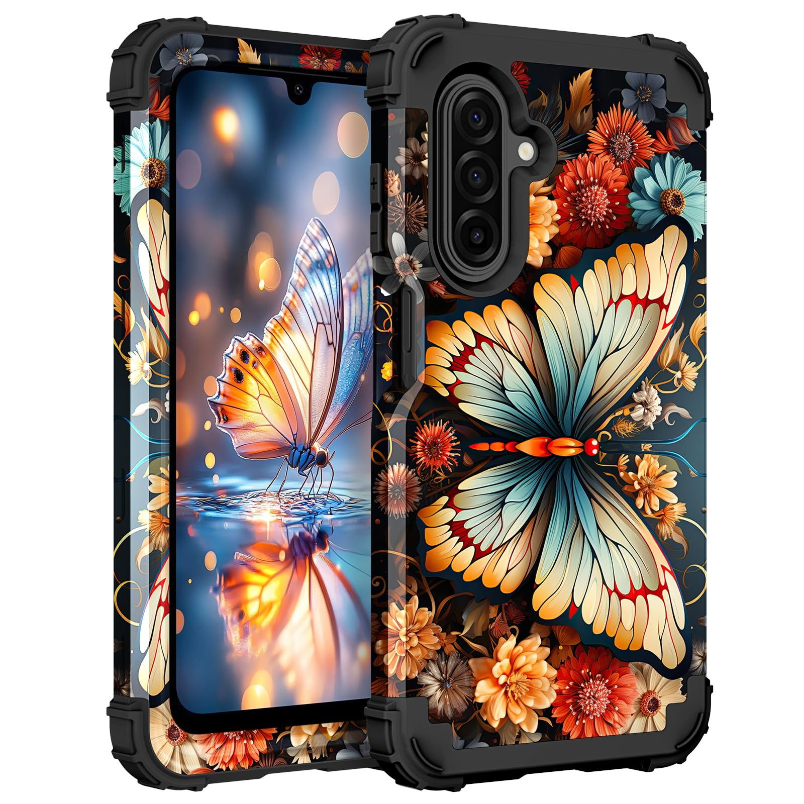 Hocase for Galaxy A17 5G Case, Heavy Duty Shockproof Protection Soft Silicone Rubber Bumper+Hard Plastic Hybrid Protective Case for Samsung Galaxy A17 5G (6.7") 2025 - Butterfly on Flowers