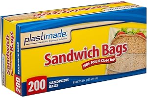Plastimade Disposable Plastic Sandwich Bags With Fold Close Top 200 Bags, Great For Home, Office, Vacation, Traveling, Sandwich, Fruits, Nuts, Cake, Cookies, Or Any Snacks (1 Pack)