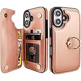 ONETOP for iPhone 16 Wallet Case with Card Holder, 360° Rotation Ring Kickstand RFID Blocking PU Leather Double Magnetic Clasp Shockproof Cover for Women and Girls 6.1 Inch (Rose Gold)