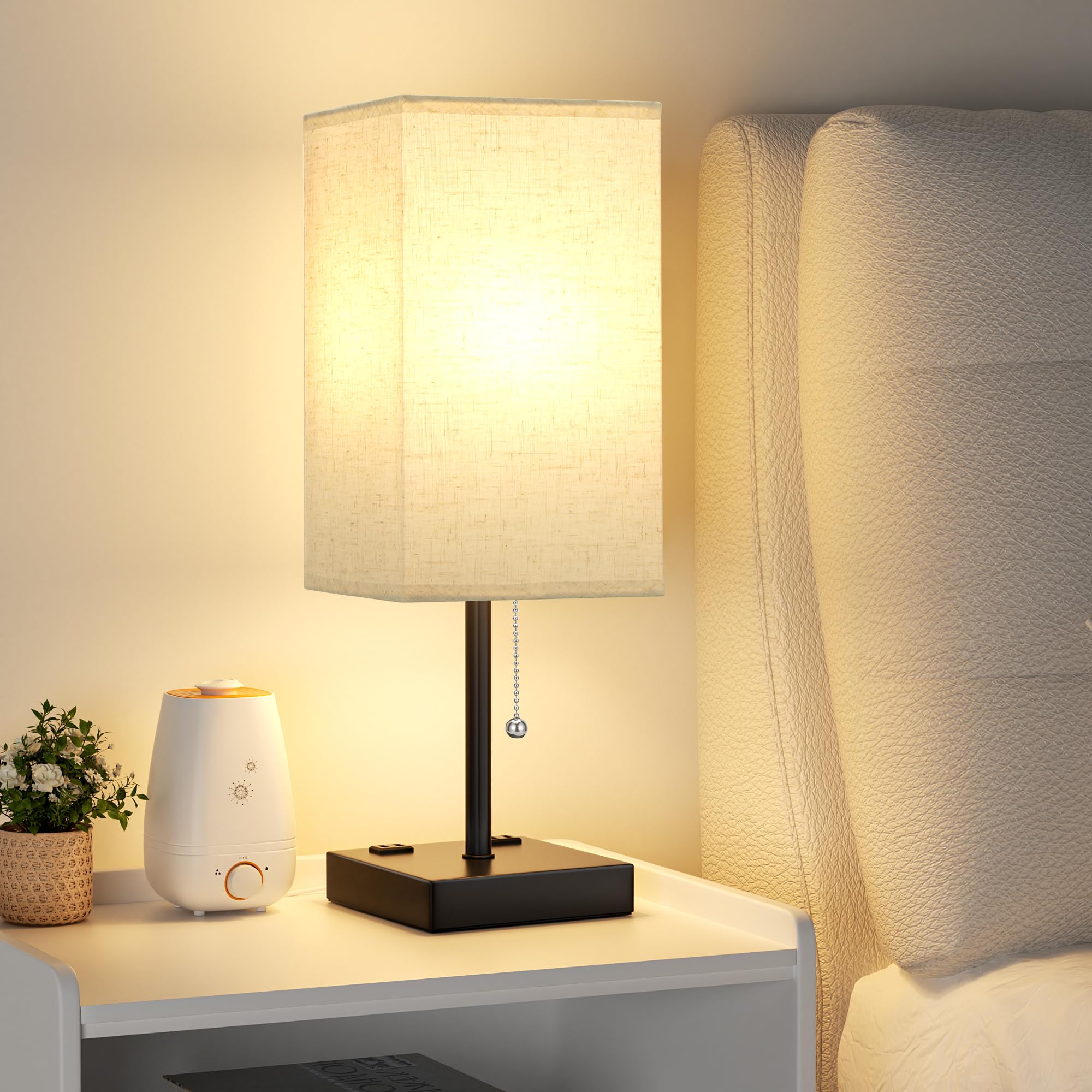 Photo 1 of aooshine Beige Table Lamp for Bedroom - 3 Color Temperature 3000K 5000K 4000K Bedside Lamp, Pull Chain Control, USB A and C Ports, AC Outlets, Bulb Included, Medium