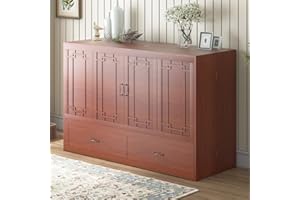 Mjkone Queen Murphy Bed with USB Charging Station | Modern Cabinet Bed with Tri-Folding Mattress | Hide-Away Bed with 2 Drawers for Bedroom | Guest Room | Office (Cherry)