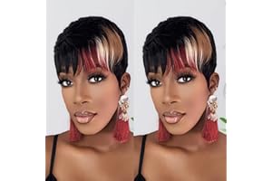 PangDongLai Chic Elegent Pixie Cut Wigs for Black Women Short Layered Pixie Haircut Wigs With Bangs Glueless Brazilian Virgin Human Hair 1b/33/613 Blonde Color for Daily Use