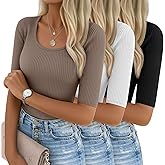 Ficerd 3 Pack Women's Half Sleeve Tops Ribbed Elbow Length Shirts Scoop Neck Slim Fit Summer Basic Tee Trendy Casual Blouses(Black, Dark Khaki, White,Medium)