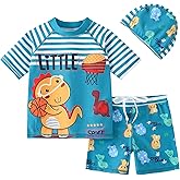 AIWUHE Toddler Boys Swimsuit Set Rash Guard Boys' Swimwear Two Piece Bathing Suit and Swim Trunk with Hat UPF 50+ 3-8Y