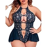 Avidlove Womens Plus Size Lingerie Lace Bodysuit Teddy Deep V One Piece Lace Babydoll