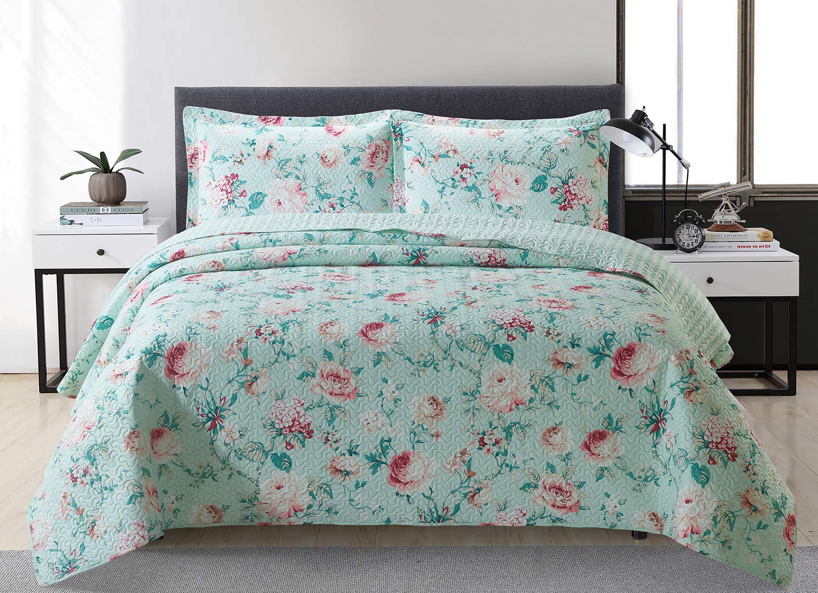 BEJIMD Reversible Microfiber Quilt Set 3-Piece Full/Queen Size - Printed, Lightweight & Hypoallergenic All-Season Ultrasonic Bedspread Coverlet Set (Included 1 Quilt, 2 Shams)