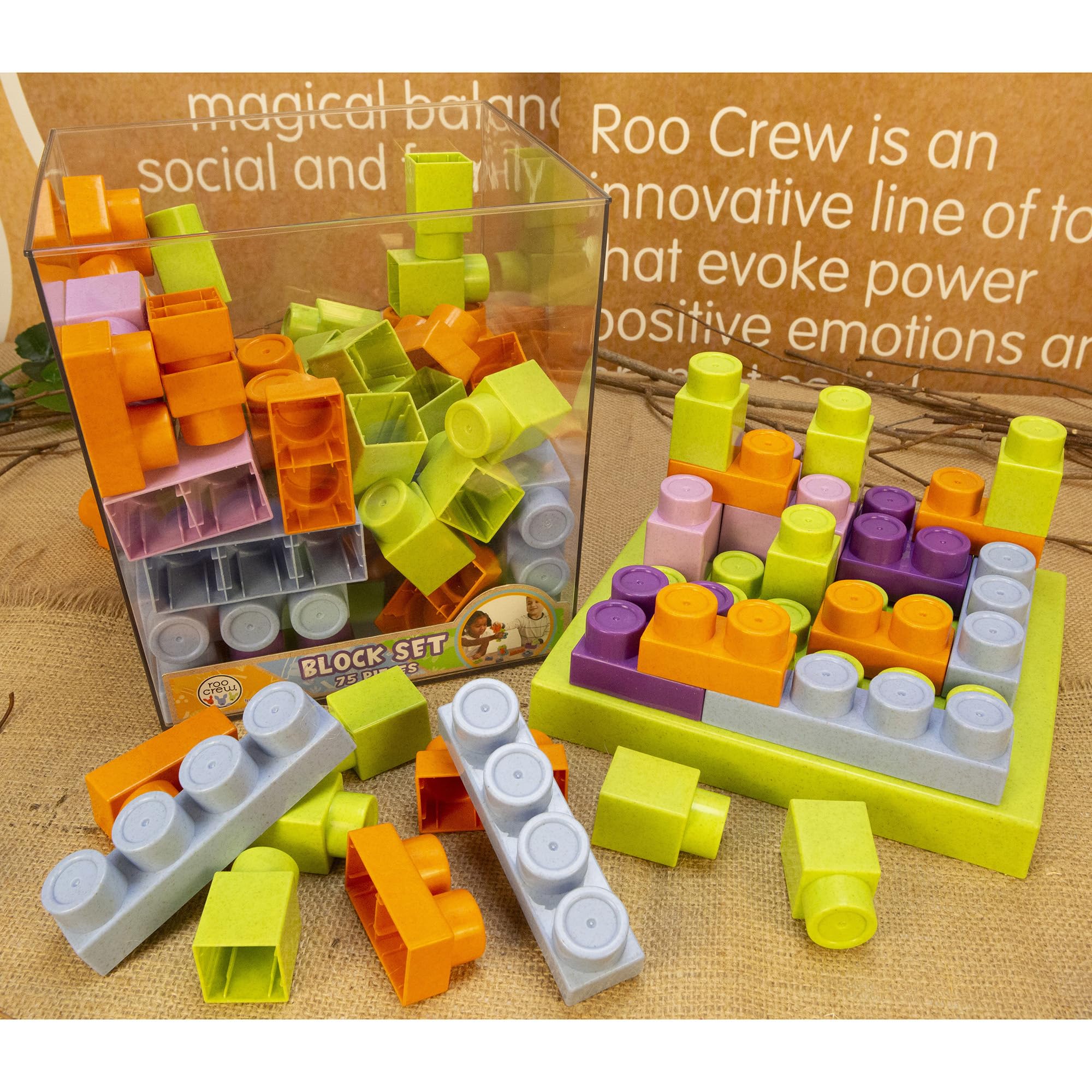Boley Roo Crew: Block Set - 75 Pieces - Assorted Lid Color, Building Activity Set, Colorful Blocks & Storage Container, Toddlers & Kids Ages 2+