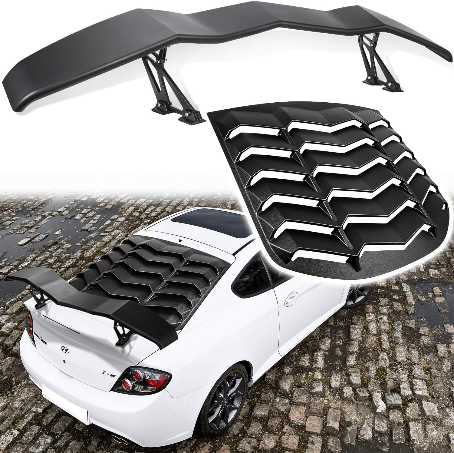 Wing Spoiler & Rear Window Louvers for Hyundai Genesis Coupe 2010-2016 Matte Black ABS Sun Shade Cover Vent in GT Lambo Style Window Scoop Windshield Cover