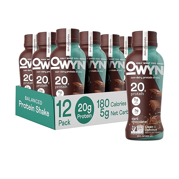 OWYN ONLY WHAT YOU NEED PLANT BASED PROTEIN SHAKE, DARK CHOCOLATE, 20G VEGAN PROTEIN FROM ORGANIC PUMPKIN SEED, FLAX, PEA BLEND, OMEGA-3, PREBIOTIC SUPPLEMENTS, GLUTEN AND SOY-FREE, (12 PACK)