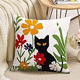 Merrycolor Embroidered Pillow Covers 18x18 Black Cat and Flower Pattern Decorative Throw Pillow Covers Comfortable Cotton Canvas Square Couch Cushion Cases for Sofa Bed Living Room Decor