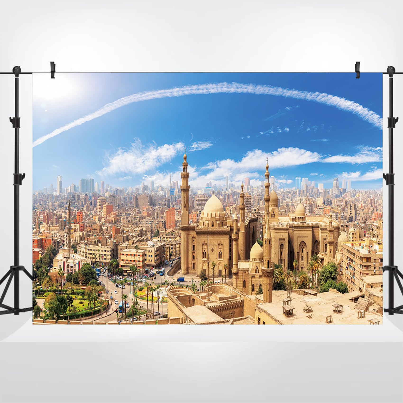 Bovlleetd City Building Backdrop 7x5ft Egypt Landmark Famous City Symbol Architecture Photography Background Blue Sky Skyline Buliding Backdrops Travel Portrait Photo Booth Studio Props Vinyl