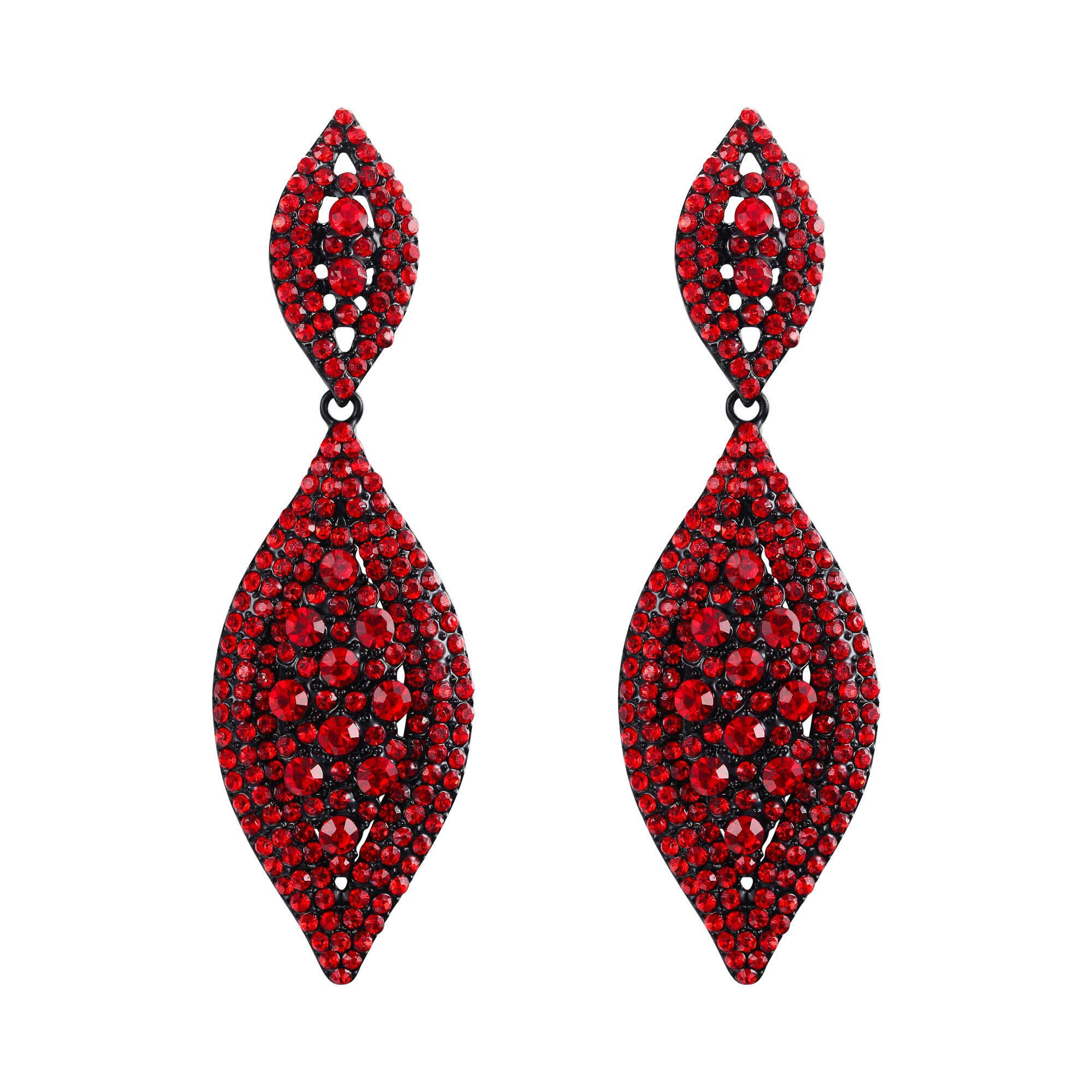 EVER FAITH Red Earrings Sparkly Crystal Teardrop Statement Drop Dangle Pierced Earring for Women Costume Jewellery Black-Tone