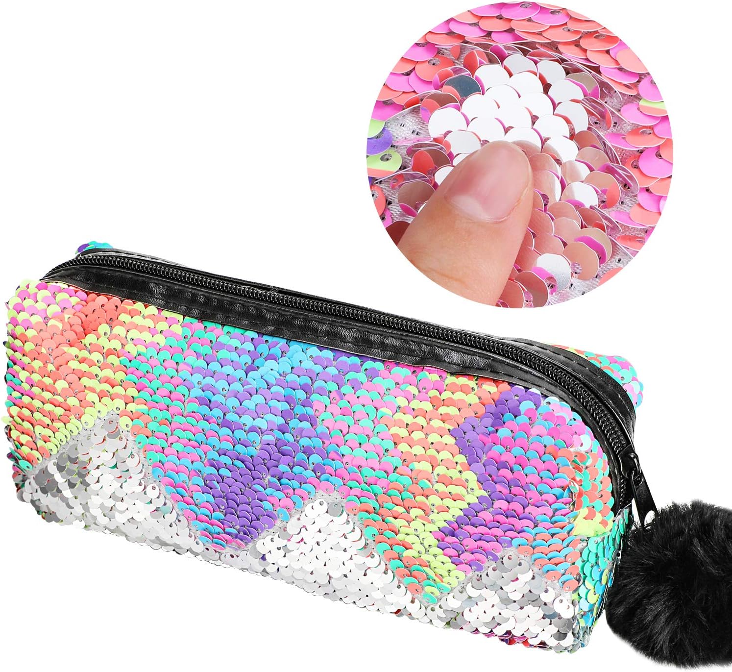 PHOGARY Mermaid Sequins Pencil Case for Girls Secondary School Pencil Bags with Fluffy Zipper - Image 3