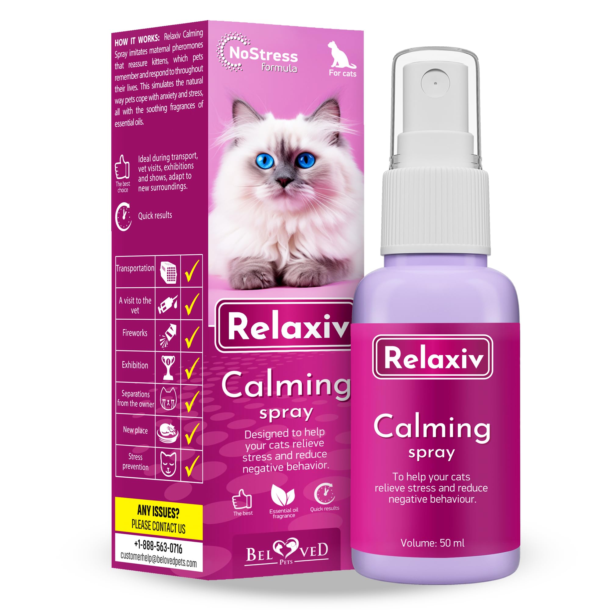 Beloved Pets Calming Pheromone Spray & Scratch Repellent for Cats - Reduces Scratching Furniture, Pee - During Travel, Fireworks, Thunder, Vet Zone - Helps to Relief Stress, Fighting, Hiding (50 ml)