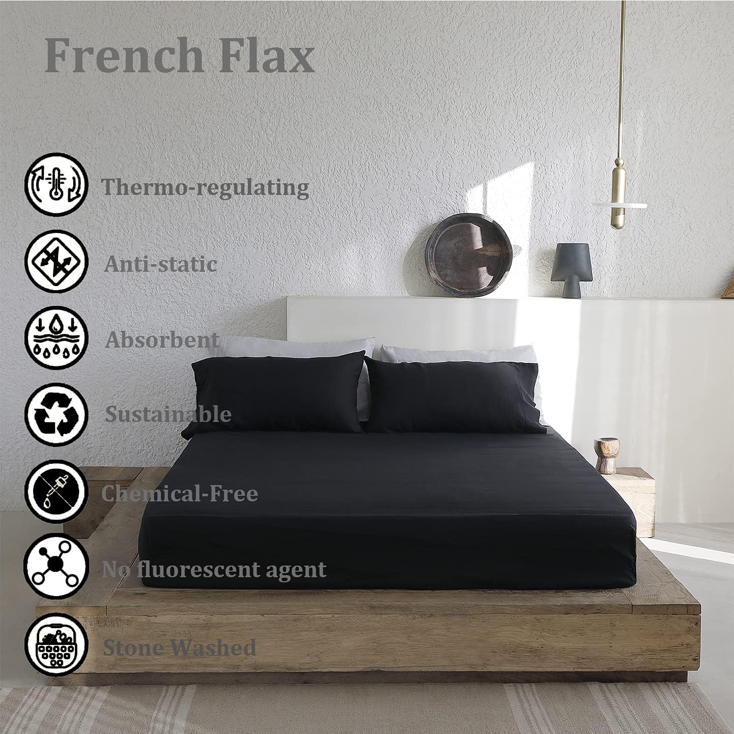 TOSMO Pure Linen Sheets Set, 100% French Natural Linen Flax Bedding 4pc Set(Queen, 1 Flat Sheet, 1 Fitted Sheet,2 Pillowcases)- Black: Kitchen & Dining