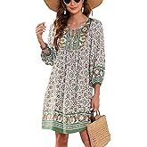 Bluetime Women Casual Summer Dress Boho V Neck 3/4 Sleeve Babydoll Floral Print Flowy Beach Dress