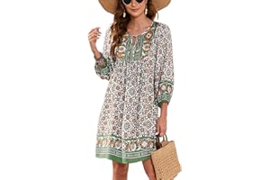 Bluetime Women Casual Summer Dress Boho V Neck 3/4 Sleeve Short Babydoll Floral Print Flowy Beach Dresses