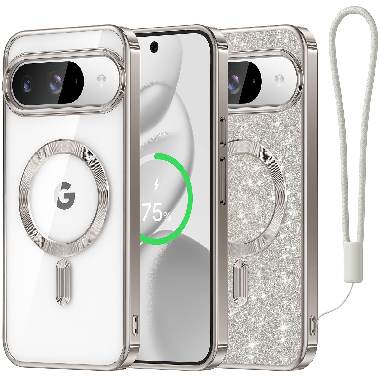 Meifigno Designed for Google Pixel 10/10 Pro Case 6.3", [Glitter Card & Wrist Strap][Compatible with MagSafe] Transparent Back and Electroplated Edges for Pixel 10 Pro Case/Pixel 10 Case, Silver