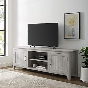 Walker Edison Modern Farmhouse Grooved Wood Stand with Cabinet Doors for TV's up to 80" Living Room Storage Shelves Entertainment Center, 70 Inch, Stone Grey