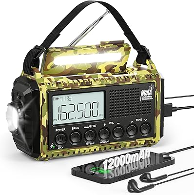 12000mAh/44400mWh Weather Radio, Hand Crank Emergency Radio Portable AM FM Shortwave, Solar Rechargeable Battery Powered Radio with NOAA Alert, USB-C Charger & Adapter, SOS Flashlight for Emergency