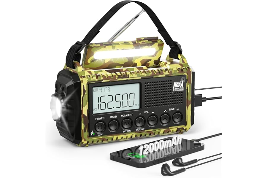 12000mAh/44400mWh Weather Radio, Hand Crank Emergency Radio Portable AM FM Shortwave, Solar Rechargeable Battery Powered Radi