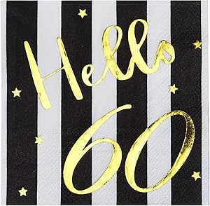 Hello 60 Cocktail Napkins - Happy 60th Birthday Decorations for Men Women | Folded 5x5 Inches Party Napkins | 3-Ply Paper Beverage Napkins, Black and Gold 60th Birthday Napkins, Wedding Anniversary