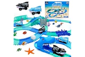 USA Toyz Ocean Race Tracks for Kids- 265pk Speedway Race Car Track Set with 225 Flexible Roads, 3 Shark Toy Cars, Tunnels, Bridges, Intersection, Sea Animals STEM Building Toy for Boys and Girls