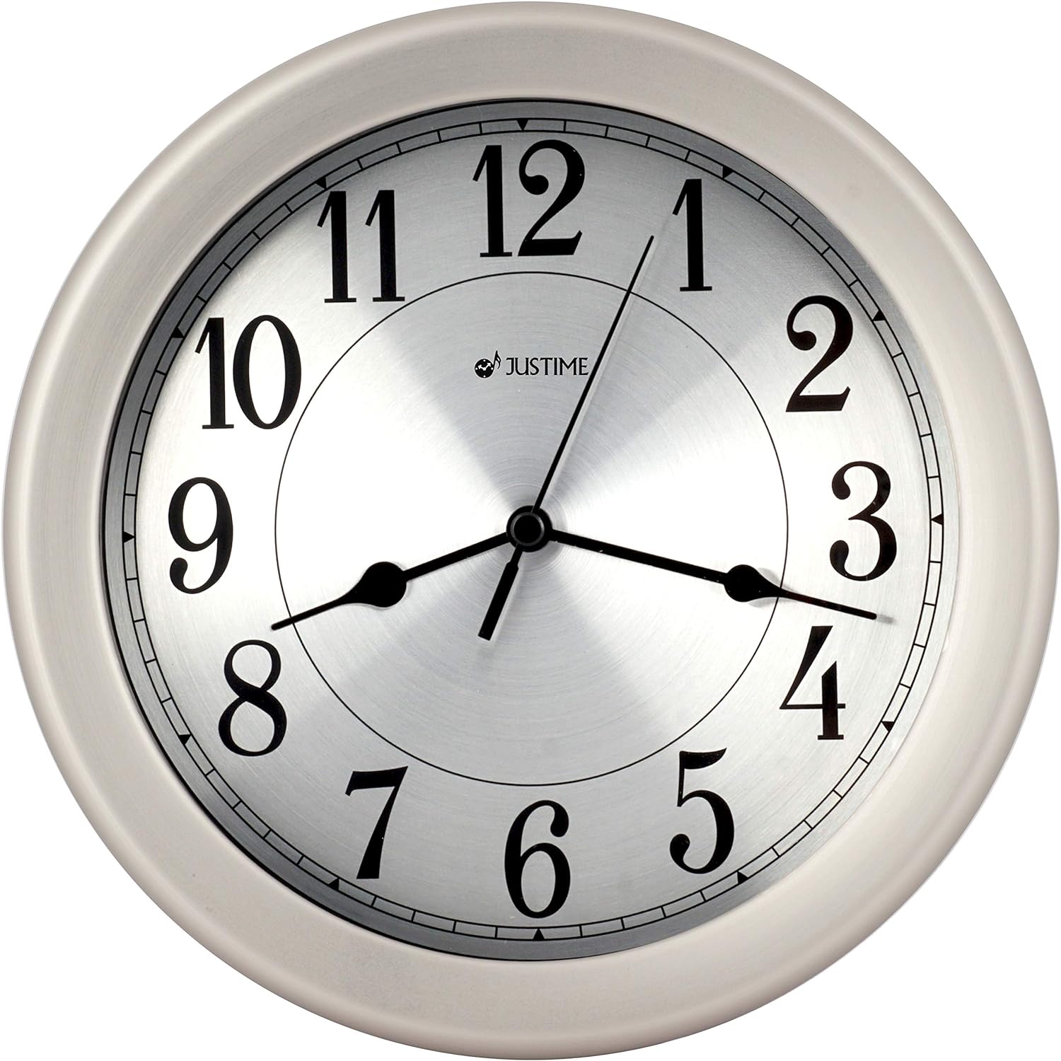 JUSTIME 8.5 inch Brushed Nickel Water Resistant Wall Clock, Special for Small Space