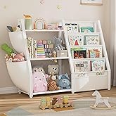 MEUIS Kids Bookshelf and Toy Storage - Toy Organizer with Book Shelf 3 Tier Floor Small Sling Bookcase Bedroom Nursery Kids Room Playroom, White (KB05-2W)
